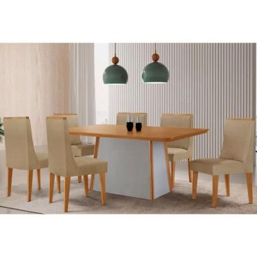 Imagem de Mesa Cozinha Tilia c/ Tampo Madeirado Canto Curvo 180x90cm e 6 Cadeiras Dakota Madeira Maciça Naturale/Off White - Capuccino/Linho Bege-Rufato