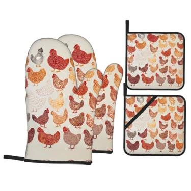 Imagem de Conjunto de luvas de forno estampadas em formato de frango, conjunto de 4 peças adequado para grelhar, cozinhar e assar