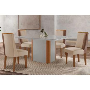 Imagem de Conjunto Mesa Pietá c/ Tampo Madeirado c/ Vidro Canto Curvo 120x80cm e 4 Cadeiras Tilia Madeira Maciça Naturale/Off White - Capuccino/Suede Creme-Rufa