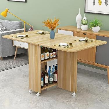 Imagem de Mesa de jantar dobrável, mesa de jantar de folhas caídas com 6 rodas e prateleira de armazenamento de 2 camadas, mesa de jantar e escritório com extensão dobrável e dobrável, móveis extensíveis para