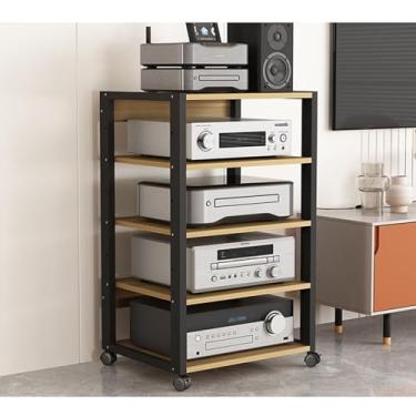 Imagem de Prateleira de canto de suporte multimídia de áudio de 5 camadas, prateleira de armazenamento estéreo de CD armário de componentes de madeira, carrinho de armazenamento multifuncional móvel moderno