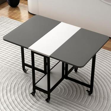 Imagem de Mesa de jantar dobrável, mesa de jantar com rodas, mesa de jantar versátil com prateleiras de armazenamento, mesa de cozinha extensível para economia de espaço, suporte de ferro forjado, capacidade de