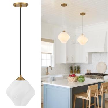 Imagem de FEAZAC Luminária pendente de vidro branco leite, luminária de teto moderna de meados do século com altura ajustável, luminária pendente de latão dourado para ilha de cozinha, corredor, sala de jantar