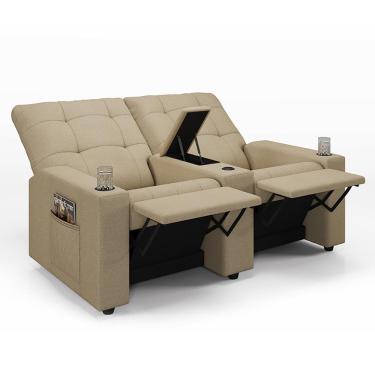 Imagem de Poltrona do Papai Reclinável Cinema 2 Lugares Manual Baú USB Haifa F05 Linho Bege - Lyam Decor