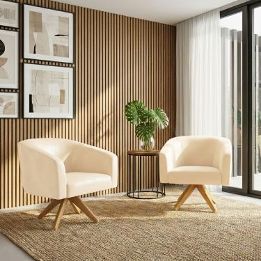 Imagem de Poltrona Decorativa Kit 2 Stella Base de Madeira Giratória MA30 Sintético PU Bege D03 - D'Rossi