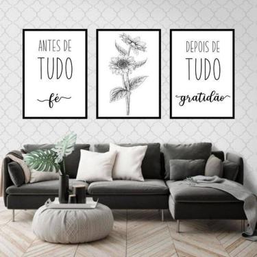 Imagem de Kit 3 Quadros Fé E Gratidão Girassol 60X40Cm Moldura Preta
