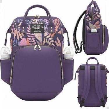Imagem de Mochila Maternidade Cor Roxo Floral Grande Mamãe Bebê - Lorben