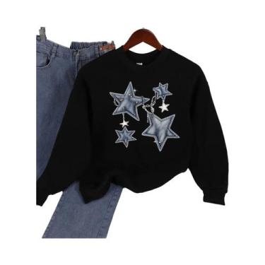 Imagem de Moletom Feminino Solto Com Gola Redonda, Estampa De Estrela Em Imitaçã