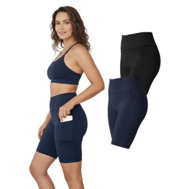 Imagem de Kit 2 Bermudas Fitness Feminina Bolsos Laterais Para Celular Cor:Azul 