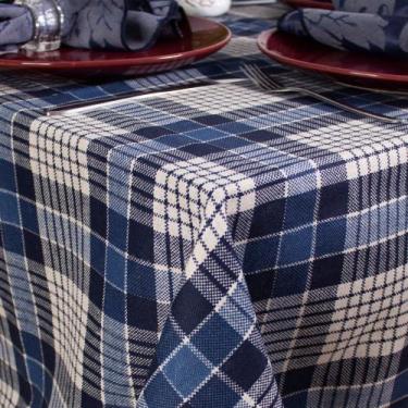 Imagem de Toalha de Mesa Retangular em Tecido Linho Estampado Xadrez Azul, 1,50 