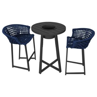Imagem de Conjunto Bistrô Champanheira Tampo Ripado E 2 Banquetas Reis Corda Náutica Azul Marinho