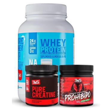 Imagem de Combo Whey 100%  Sabor Natural + Creatina Pura 300gr + Pré Treino Prohibido Sabor Maça...