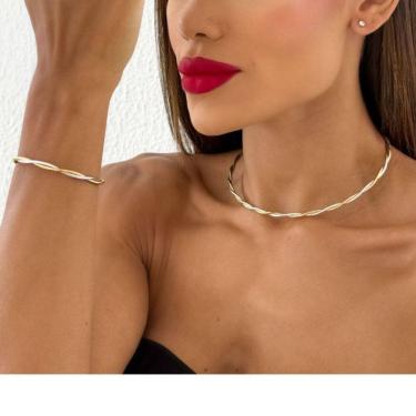 Imagem de Conjunto Choker Aro e Brinco Folheado a Ouro 18k Mix Banho Torcido