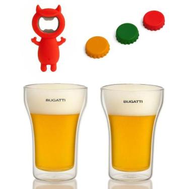 Imagem de Jogo Cerveja 2 Copos 350ml com 3 Tampas Ajustáveis e Abridor Kit Bar p