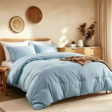 Imagem de Quataly Conjunto de edredom queen grande, azul neblina, comprimento extra adequado para colchões grossos, 3 peças, tamanho queen grande (248 cm x 2 fronhas)
