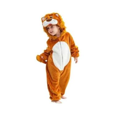 Imagem de Pijama Macacão De Flanela Com Capuz De Leão E Capivara Para Menino Beb