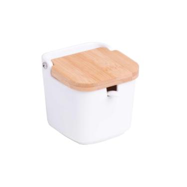 Imagem de LYOR - Saleiro de Mesa de Cerâmica com Tampa de Bambu e Colher Bianco 9,5cm x 9cm