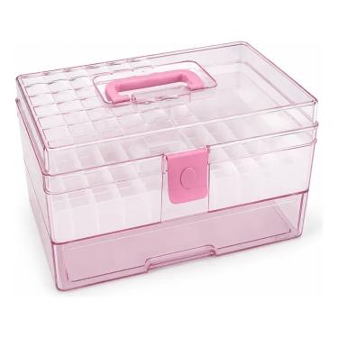 Imagem de Maleta Organizadora Grande para Maquiagem com Gaveta Policarbonato Rosa Transparente para Penteadeira Crippa