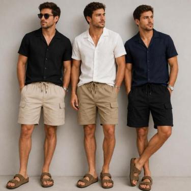 Imagem de Kit 3 Short Masculino Cargo Bermuda Curta Verão com Bolsos Laterais - 