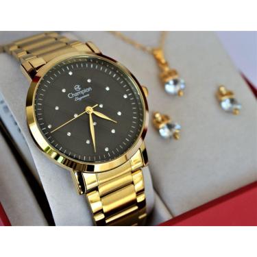 Imagem de Relogio Champion Feninino Dourado Visor Preto Cn25976u + Kit Semi Joia