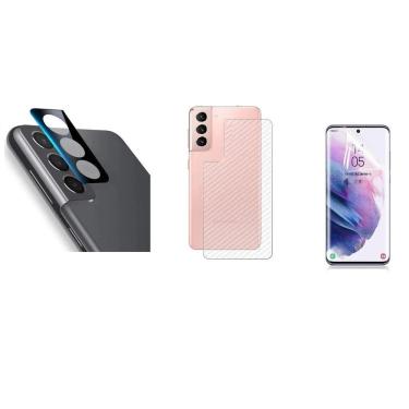 Imagem de Película Verso Fibra Carbono + P. Câmera Lente + P. Nano Gel Frontal Samsung Galaxy S21