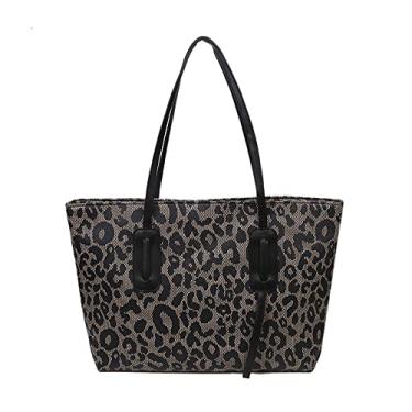 Imagem de Bolsa de ombro feminina de couro PU grande capacidade bolsa de mão fashion casual leopardo bolsa tote com zíper, Preto