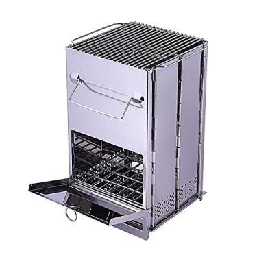 Imagem de Fogão de madeira dobrável portátil para cozinhar ao ar livre resistente leve aço inoxidável fogão de acampamento a lenha para mochila churrasco piquenique, prata, 20 * 20 * 35 cm