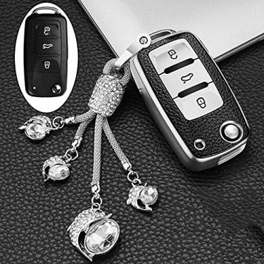Imagem de YJADHU Capa protetora de chave de carro de couro TPU capa de chave de carro, apto para PoloTiguan Passat B5 B6 B7 Golf Eos Scirocco Jetta MK6 Octavia, prata, B