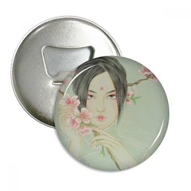 Imagem de Aquarela chinesa de flor de pêssego beleza abridor de garrafas ímã de geladeira emblema multifuncional