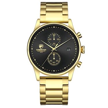 Imagem de CHEETAH Relógio masculino de aço inoxidável 3 ATM à prova d'água, cronógrafo, data automática, analógico, quartzo, moderno, minimalista, para homens, Dourado, preto/aço