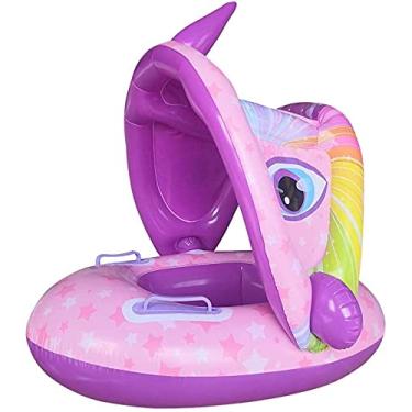 Imagem de Boia de piscina para bebês com dossel, cama flutuante com apoio de braço, assento de segurança infantil com airbag, anel de natação em formato de desenho animado, adequado para bebês