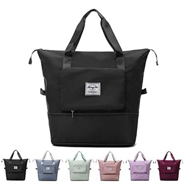 Imagem de Bolsa de viagem dobr�vel de grande capacidade, port�til, dobr�vel, leve, imperme�vel, tecido Oxford, bolsa esportiva de separa��o seca e molhada para mulheres, Preto