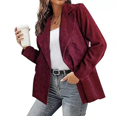 Imagem de Blazer feminino de cor sólida para trabalho jaqueta, cardigã de veludo cotelê, jaqueta, roupa de trabalho, frente aberta, manga comprida, casual, ternos slim fit, vinho, vermelho