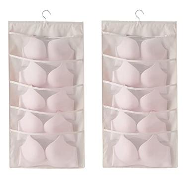 Imagem de Organizador de sutiã para pendurar no armário ampliado com gancho de metal giratório, prateleira de parede dupla face, bolsos de malha, bolsa de armazenamento para sutiãs, meias, roupas íntimas