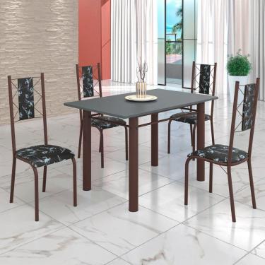 Imagem de Conjunto Sala de Jantar Bahia Mesa Tubo 120x75cm Tampo Pedra com 4 Cadeiras Preto Floral/Marrom
