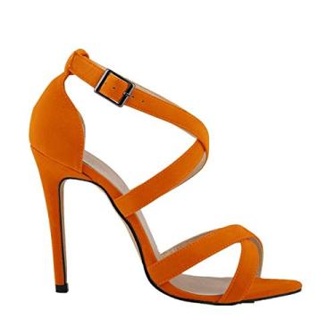 Imagem de Sapatos femininos peep toe de casamento clássicos cor doce bico fino vestido stiletto sapato 11 cm sexy tira no tornozelo sandália de salto alto, Laranja, 6