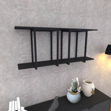 Imagem de Prateleira Industrial Suspensa Estante Parede Nicho Preto Ferro E Madeira Suporte Pratileira
