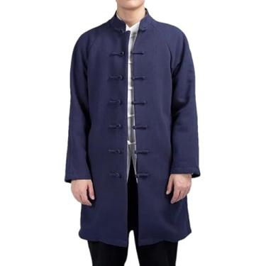 Imagem de KANG POWER Jaqueta masculina estilo nacional chinês longo corta-vento jaqueta masculina moda urbana jaqueta quimono vintage primavera casaco, Azul marino, XXG