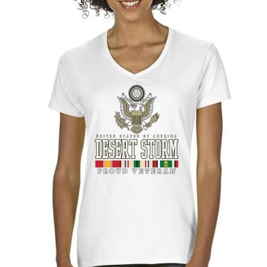 Imagem de Camiseta feminina Desert Storm Proud Veteran com decote em V American Army Gulf War Operation Served DD 214 Veterans Day Patriot Tee, Branco, M
