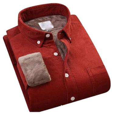 Imagem de Camisas quentes de veludo cotelê algodão felpudo grosso camisa masculina quente inverno roupas masculinas forradas com lã casacos de lã, Vermelho escuro, PP
