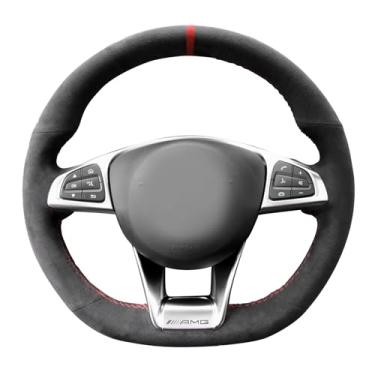 Imagem de Alfanxi Costura à mão Itália Alcantara Capa para volante de carro envoltório para Mercedes-Benz AMG E 43 /SL 450/SL 550/SLC 300 (Balck Alcantara+faixa vermelha)