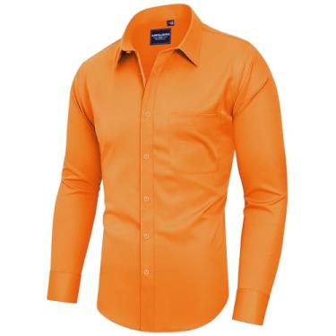 Imagem de Alimens & Gentle Camisas sociais masculinas manga longa sem rugas camisas elásticas sólidas formal camisa de botão com bolso, Laranja, amarelo, P