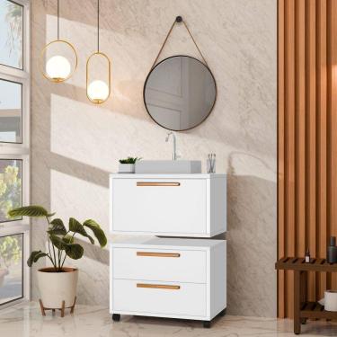 Imagem de Conjunto Gabinete para Banheiro com Rodízio, Cuba e Espelho Kyoto 60 Branco