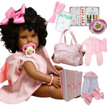 Imagem de Boneca Reborne Bebê Realista Negra Silicone Kit Acessórios Enxoval Lol