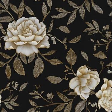 Imagem de Papel de parede floral descasque e cole, papel de contato com flores de peônia preto/dourado/branco, papel de parede botânico, autoadesivo, impermeável, removível para prateleiras de quarto, armário,