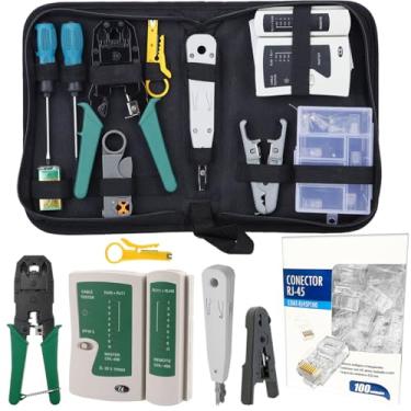 Imagem de Kit Ferramenta Testador e Crimpador Rj45 com Descascador Lamina de Corte e Desencapador para Cabo de Rede Internet +100 Conectores RJ45