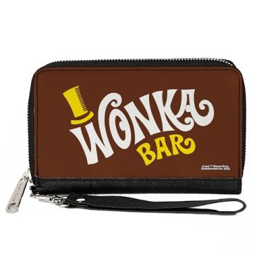Imagem de Buckle-Down Carteira de filmes, zíper ao redor, logotipo Willy Wonka and the Chocolate Factory Wonka Bar Wrapper, couro vegano, Marrom, 7.5"x4.5", Casual