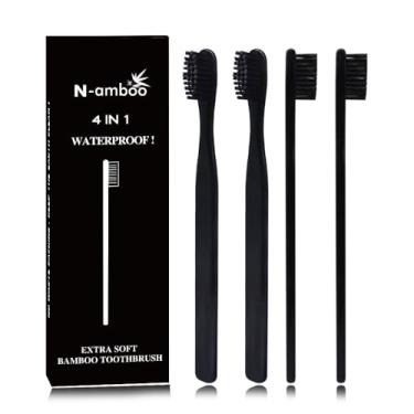 Imagem de Escova de dentes de bambu cerdas macias escova de dentes manual para adultos pacote com 4 pintados preto