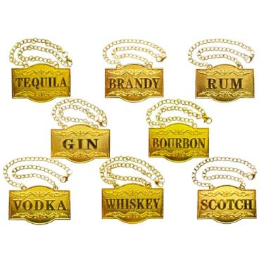 Imagem de Etiquetas de decantador – Etiquetas de bebidas (conjunto de 8, cor dourada). Etiqueta do decantador de bebidas: gim, vodca, bourbon, uísque, conhaque, rum, uísque, tequila – etiquetas para garrafa de