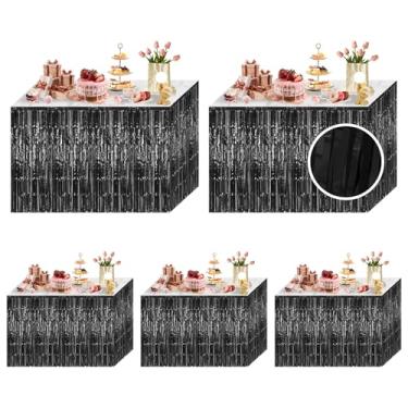 Imagem de Ohiyoo Pacote com 5 saias de mesa de franja de folha preta 73 x 272 cm de folhas metálicas com franjas cortinas de estanho cenário boias de desfile de aniversário Halloween decoração de festa de Natal